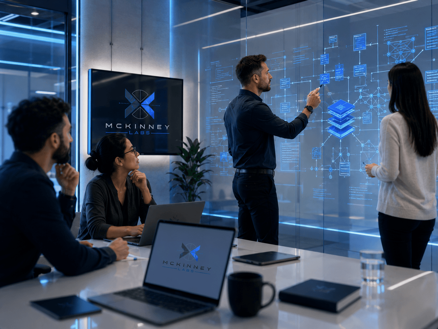 Team mapping workflows on a glass whiteboard with the McKinney Labs mark